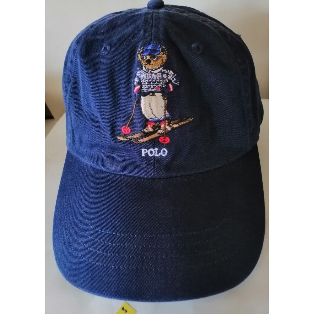 Polo Ralph Lauren Skiing Bear Navy Baseball Cap Leather Strap Adjustable Hat NWT
